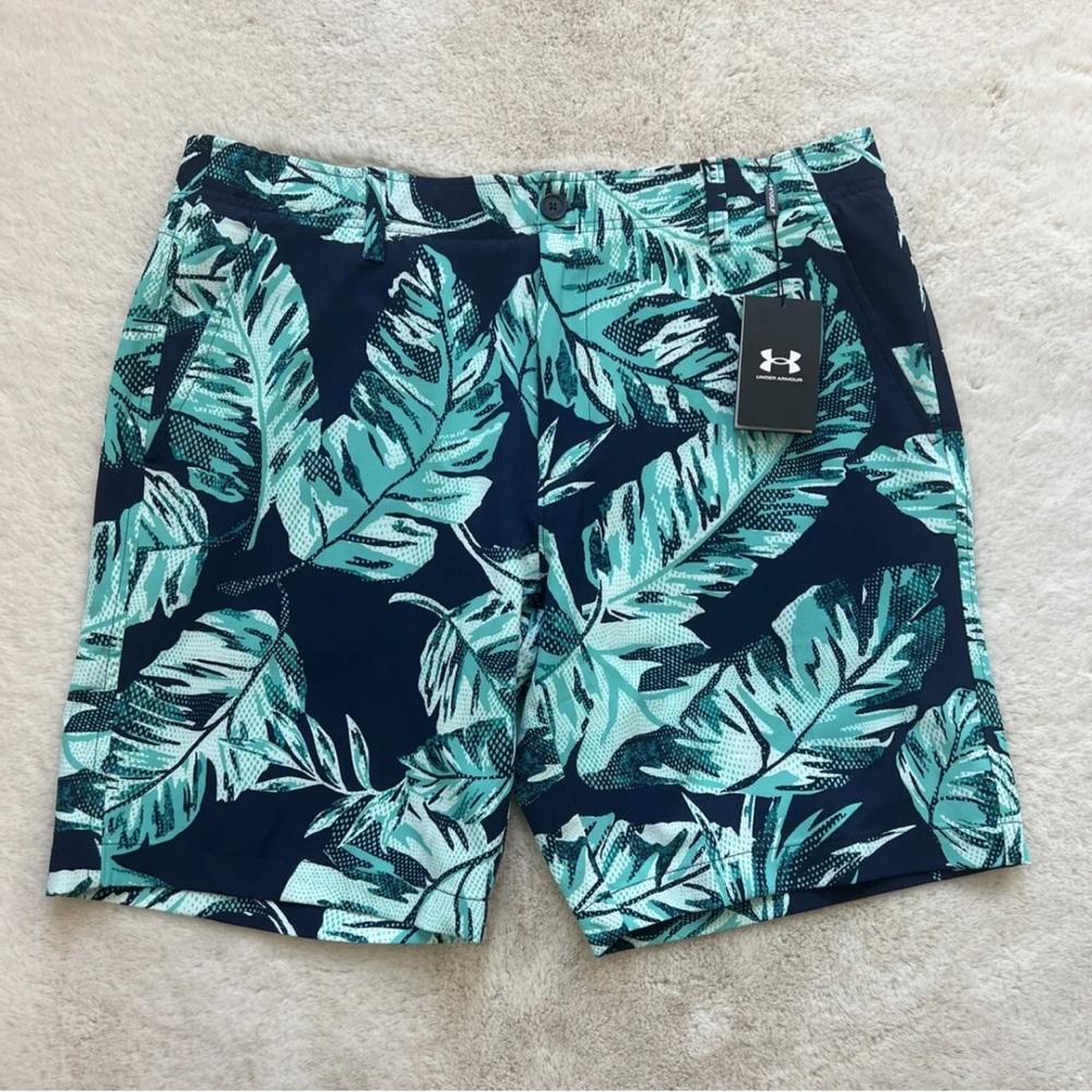 Under Armour Golf Shorts Mens 38 Tropical Palms Print 10" Inseam Blue NWT